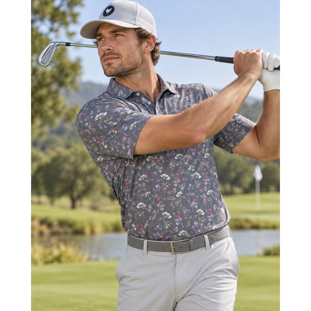 Bad Birdie Golf Polo Mens L Gray Floral Performance Short Sleeve Shirt